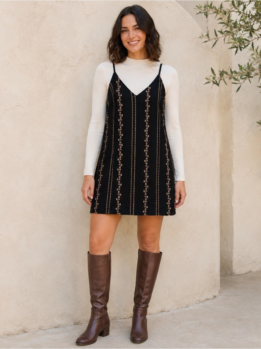 Honey Belle Faux Suede Embroidered Mini Dress S Black Brown Boho Fall Layering
